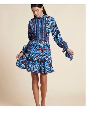 FARM Rio Blue Red Black Printed Long-Sleeve Mini Dress